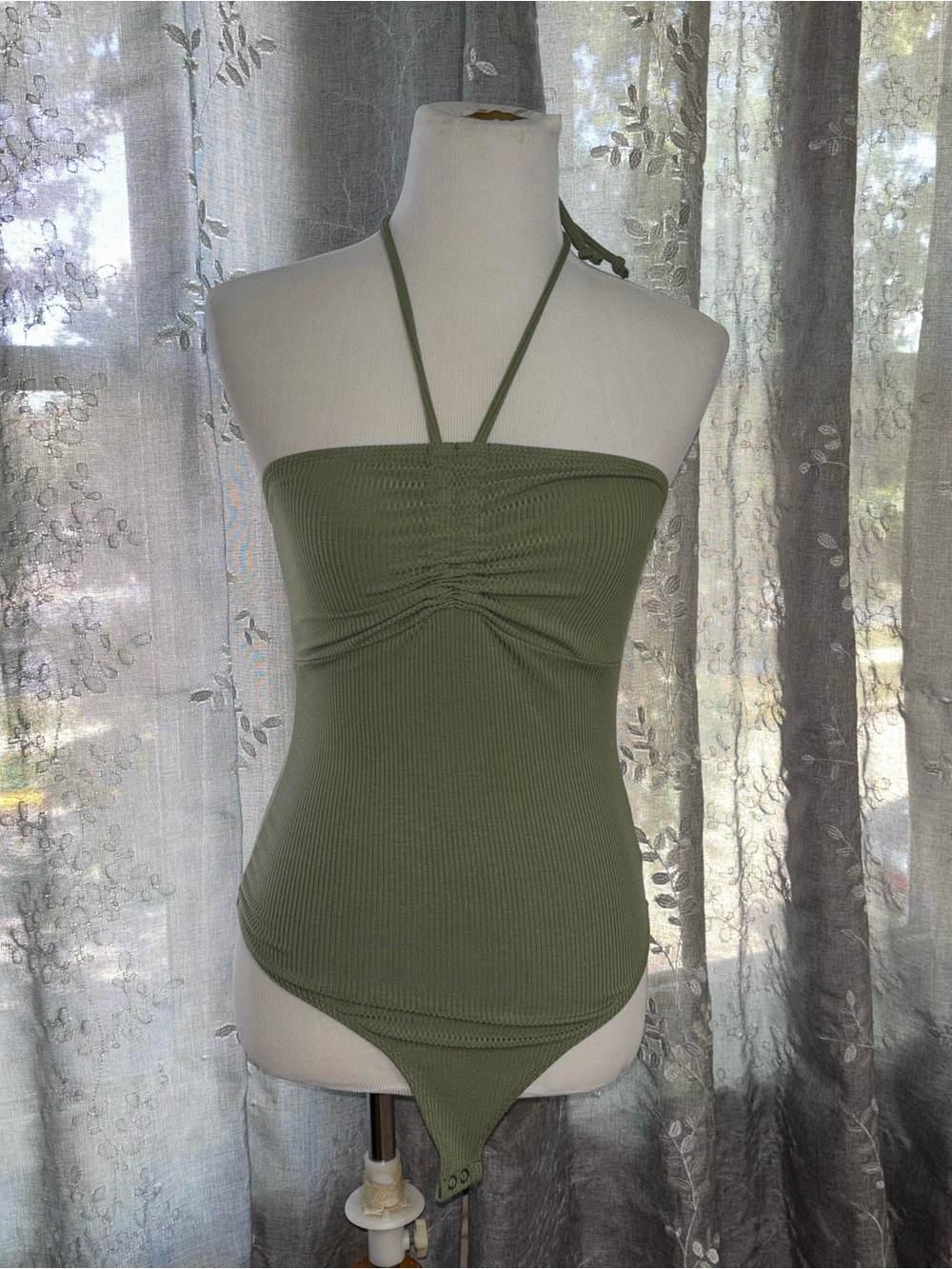 American Eagle Outfitters Olive Ribbed Halter Bodysuit